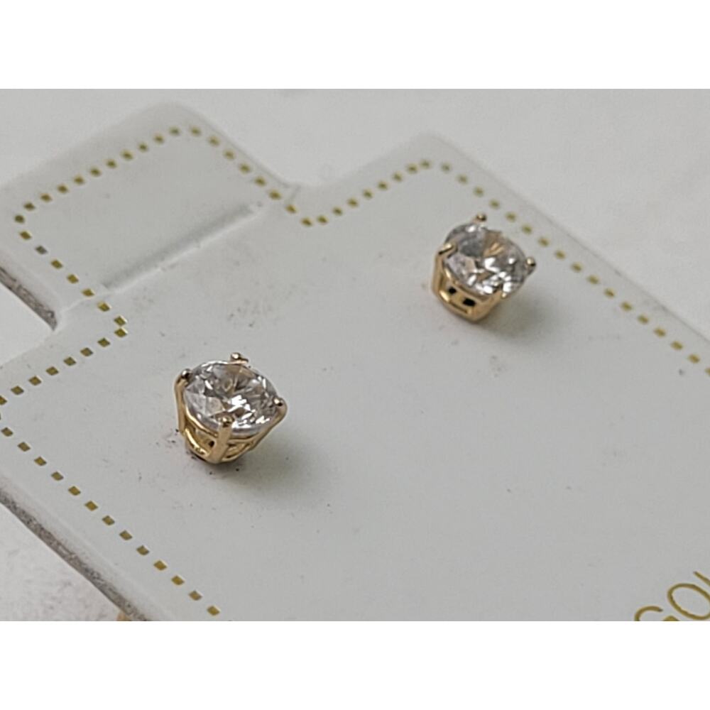 14K Yellow Gold Cubic Zirconia 4-Prong Stud Earrings Push-Back Closure - Picture 2 of 6